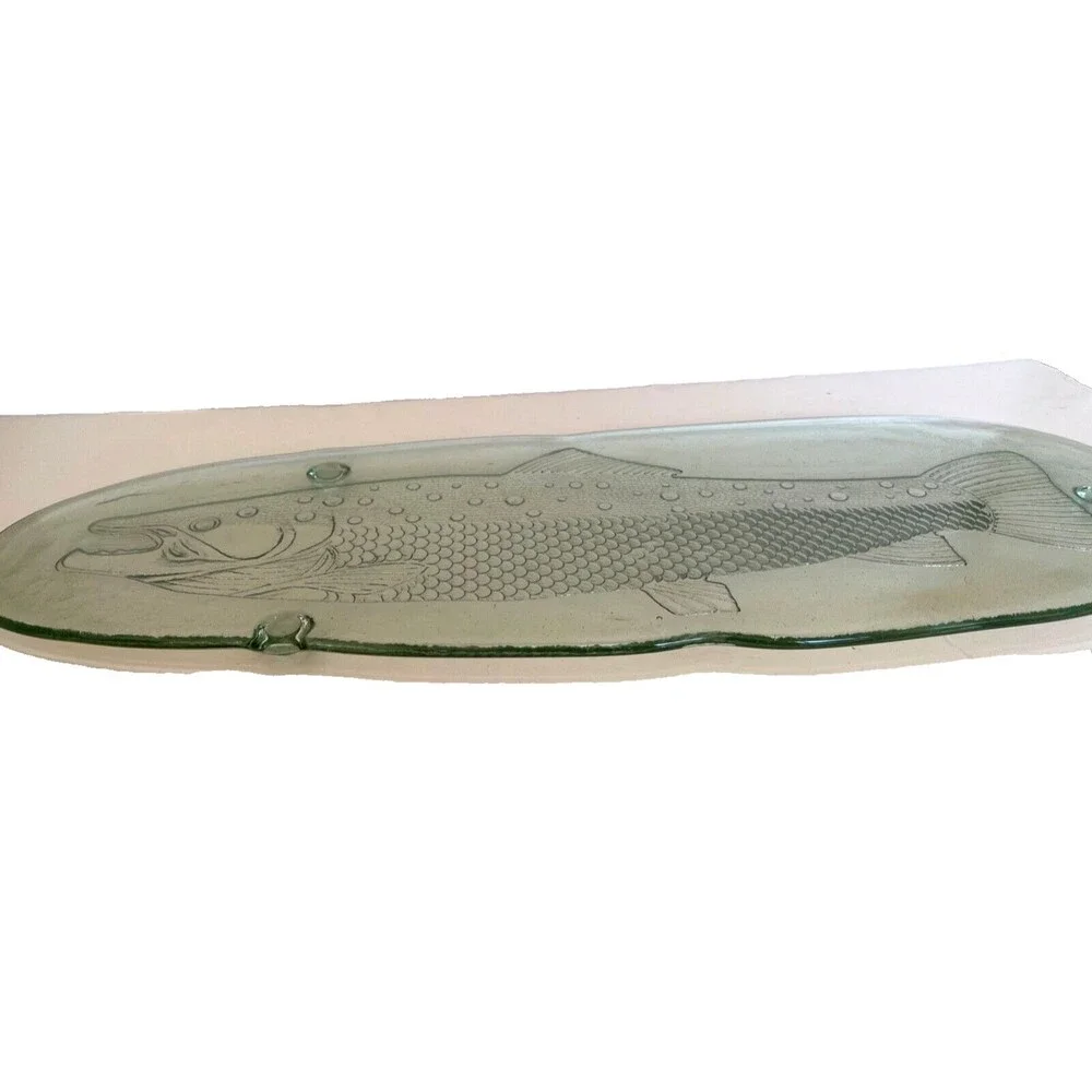 NEW Large Pottery Barn Serving Platter Fish Salmon Thick Green Glass Italy 23